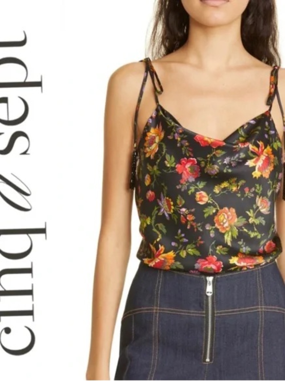 cinq a sept -Marta Black Floral Satin Cowl Camisole with beaded tassels